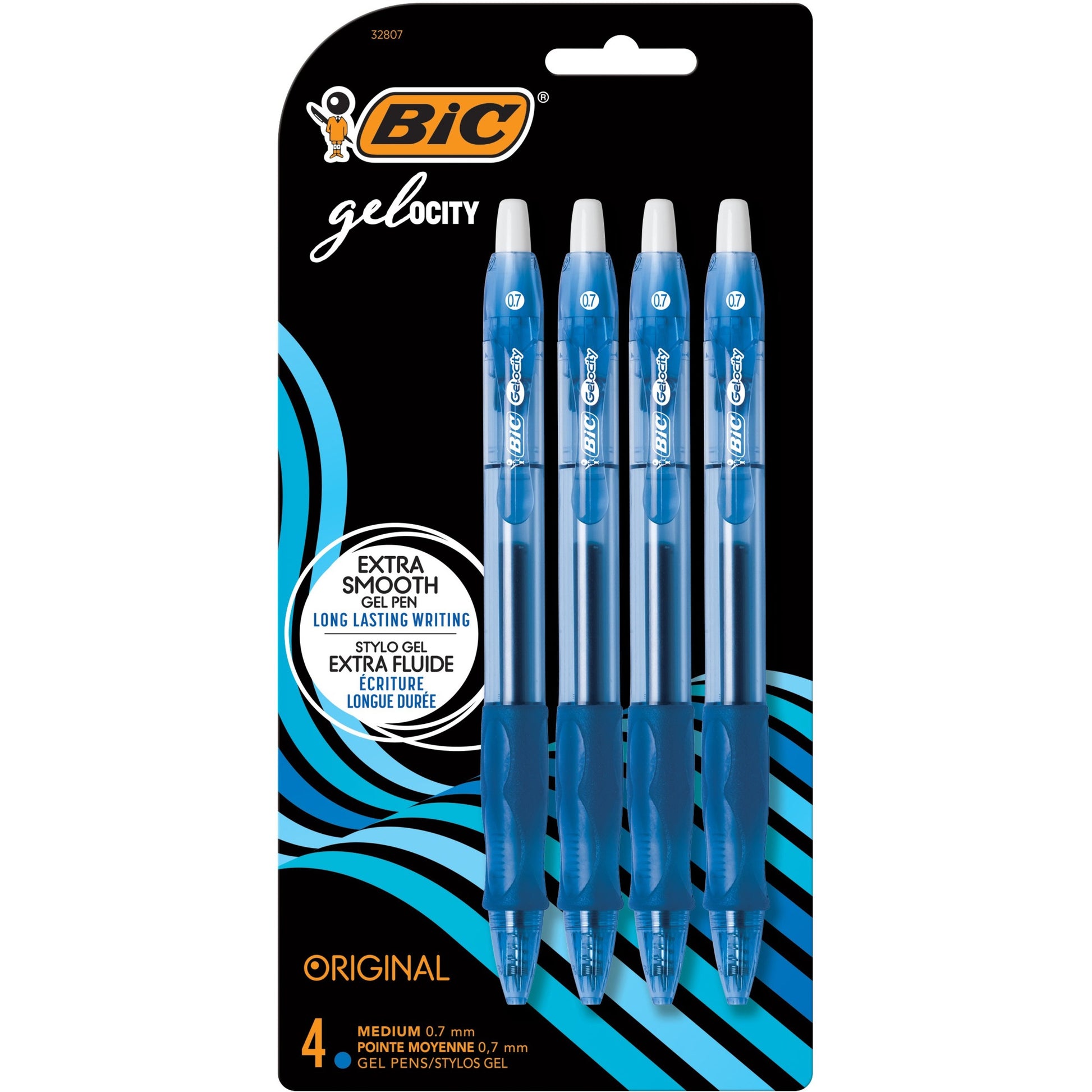 BIC Gel-ocity Original Blue Gel Pens, Medium Point (0.7 mm), 4-Count Pack, Retractable Gel Pens With Comfortable Grip