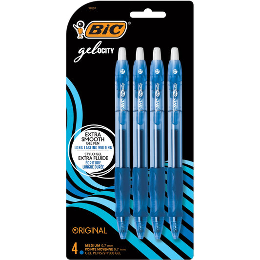 BIC Gel-ocity Original Blue Gel Pens, Medium Point (0.7 mm), 4-Count Pack, Retractable Gel Pens With Comfortable Grip