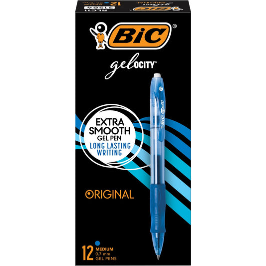 BIC Gel-ocity Original Blue Gel Pens, Medium Point (0.7 mm), 12-Count Pack, Retractable Gel Pens With Comfortable Grip