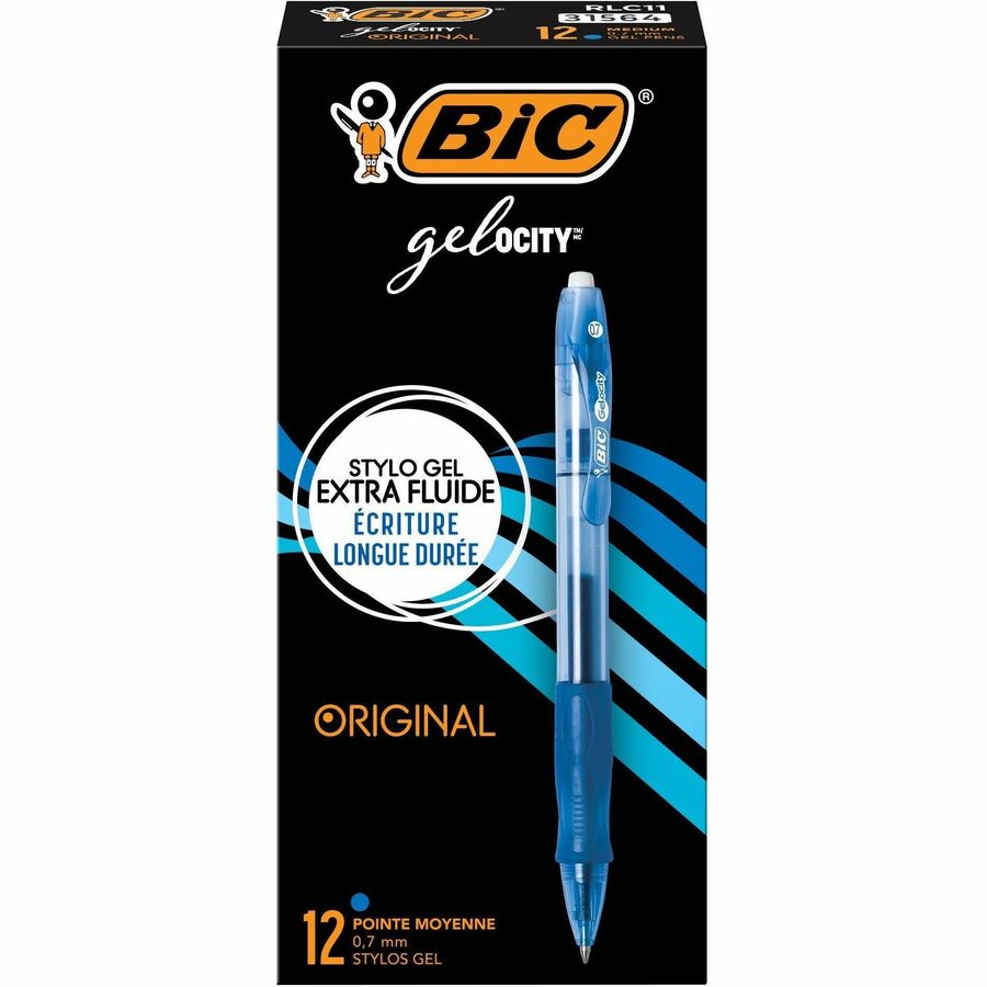 BIC Gel-ocity Original Blue Gel Pens, Medium Point (0.7 mm), 12-Count Pack, Retractable Gel Pens With Comfortable Grip - RLC11 BLU-CA