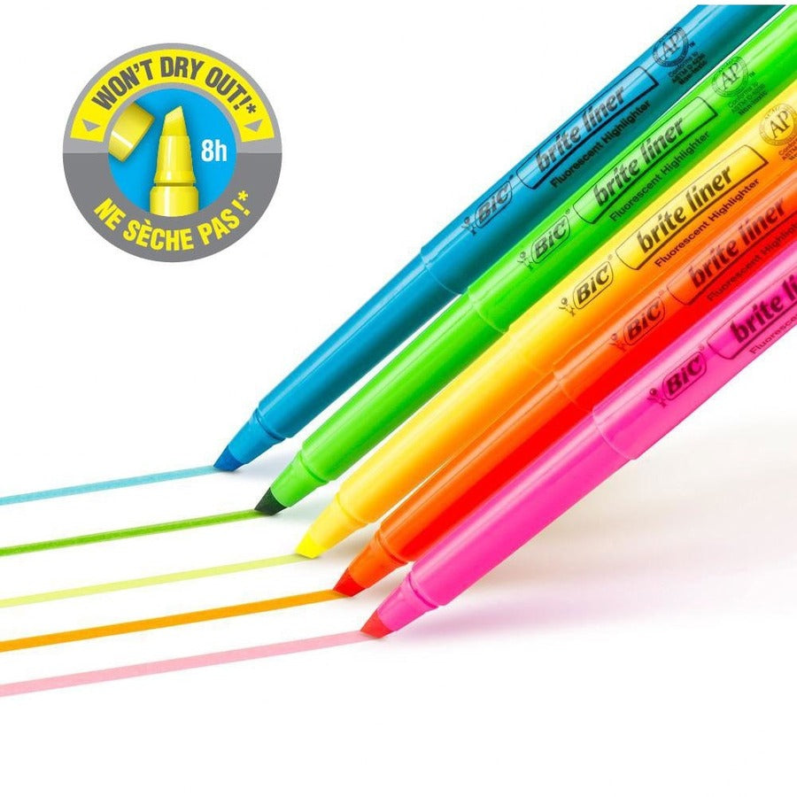 BIC Brite Liner Highlighter, Chisel Tip For Broad Highlighting & Fine Underlining, Assorted Colours, 5-Count - BLP51W-AST-CA