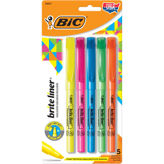 BIC Brite Liner Highlighter, Chisel Tip For Broad Highlighting & Fine Underlining, Assorted Colours, 5-Count