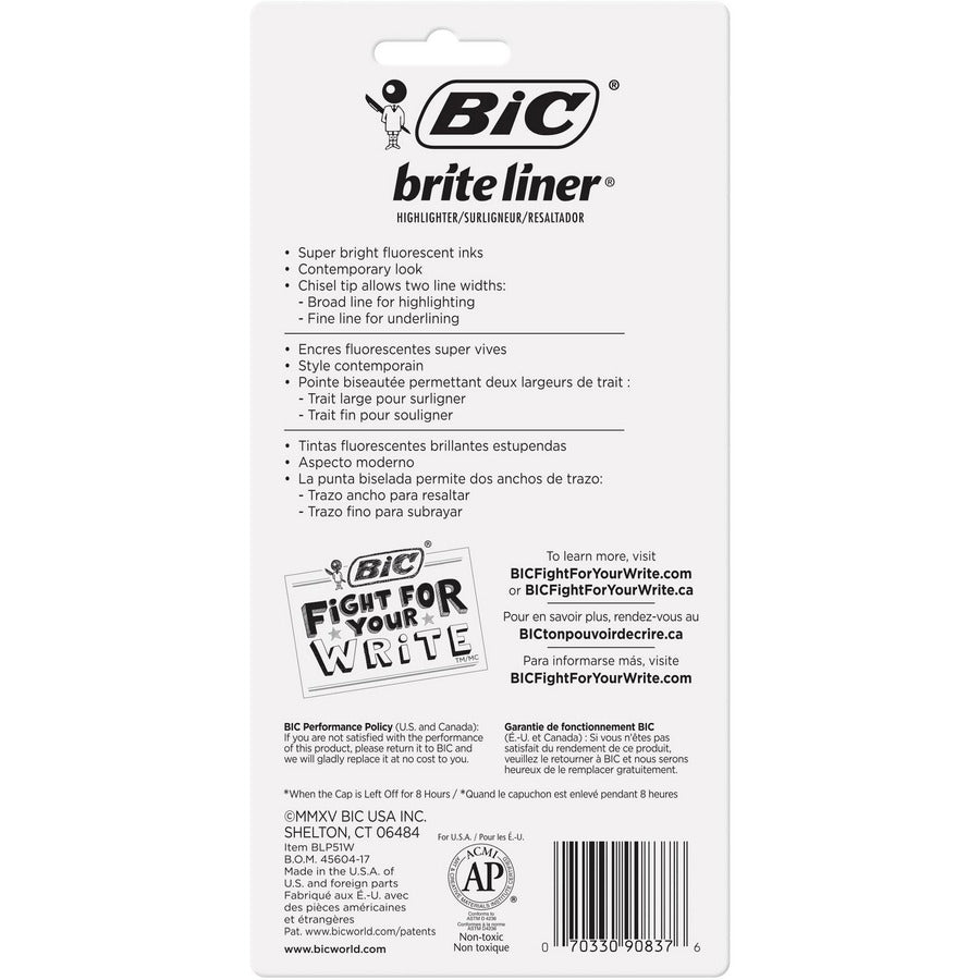 BIC Brite Liner Highlighter, Chisel Tip For Broad Highlighting & Fine Underlining, Assorted Colours, 5-Count - BLP51W-AST-CA