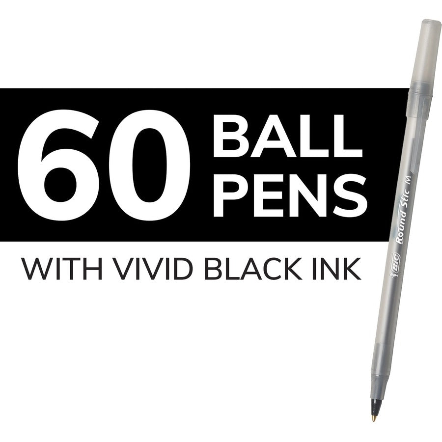 BIC Round Stic Extra Life Black Ballpoint Pens, Medium Point (1.0 mm), 60-Count Pack of Bulk Pens, Flexible Round Barrel for Writing Comfort, No. 1 Selling Ballpoint Pens - GSM609-BLK-CA