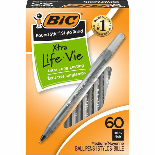 BIC Round Stic Extra Life Black Ballpoint Pens, Medium Point (1.0 mm), 60-Count Pack of Bulk Pens, Flexible Round Barrel for Writing Comfort, No. 1 Selling Ballpoint Pens