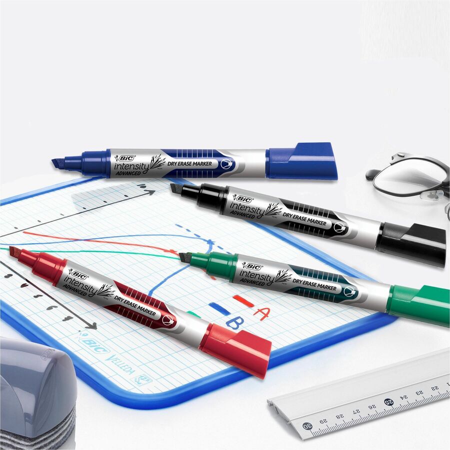 BIC Intensity Advanced Colourful Dry Erase Markers, Bullet Tip, 4-Count Pack of Assorted Colours, Whiteboard Markers for Teachers and Office Supplies - GELIPP41-AST-CA