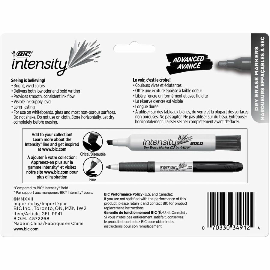 BIC Intensity Advanced Colourful Dry Erase Markers, Bullet Tip, 4-Count Pack of Assorted Colours, Whiteboard Markers for Teachers and Office Supplies - GELIPP41-AST-CA