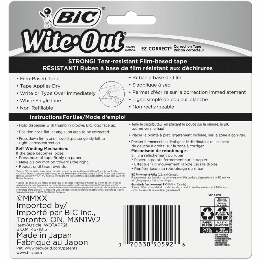 BIC Wite-Out Brand EZ Correct Correction Tape, 11.9 Metres, 2-Count Pack of white Correction Tape, Fast, Clean and Easy to Use Tear-Resistant Tape Office or School Supplies - WOTAPP21-WHI-CA