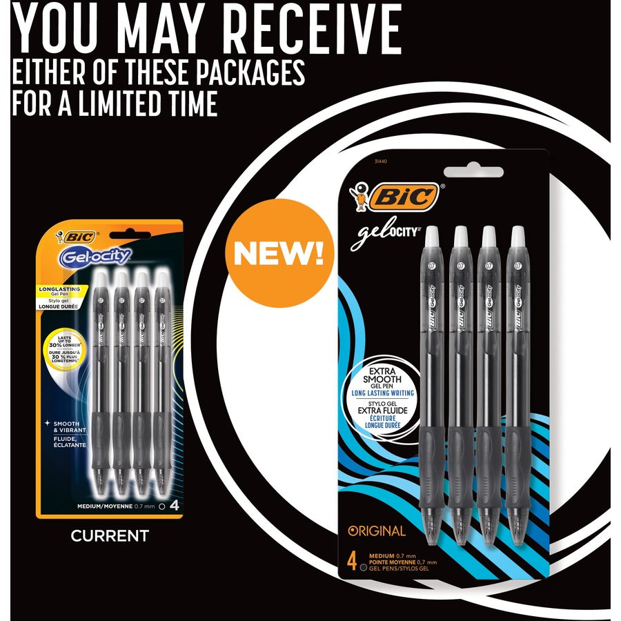 BIC Gel-ocity Original Black Gel Pens, Medium Point (0.7 mm), 4-Count Pack, Retractable Gel Pens With Comfortable Grip - RLCP41-BLK-CA