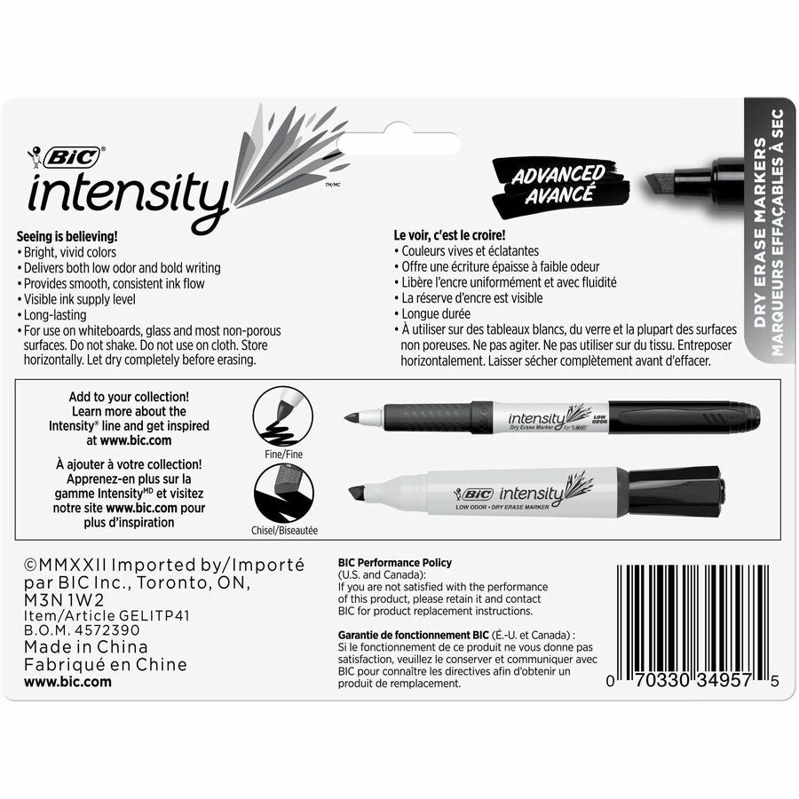 BIC Intensity Advanced Dry Erase Markers, Tank Style, Chisel Tip, Assorted colours, 4-Count Pack, Dry Erase Markers for College Supplies and School Supplies - GELITP41-AST-CA