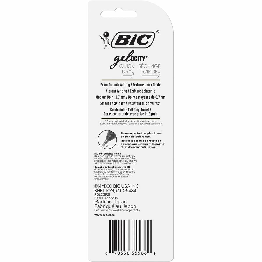 BIC Gel-ocity Quick Dry Black Gel Pens, Medium Point (0.7 mm), 2-Count Pack, Retractable Gel Pens With Comfortable Full Grip - RGLCGP21-BLK-CA