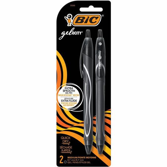 BIC Gel-ocity Quick Dry Black Gel Pens, Medium Point (0.7 mm), 2-Count Pack, Retractable Gel Pens With Comfortable Full Grip