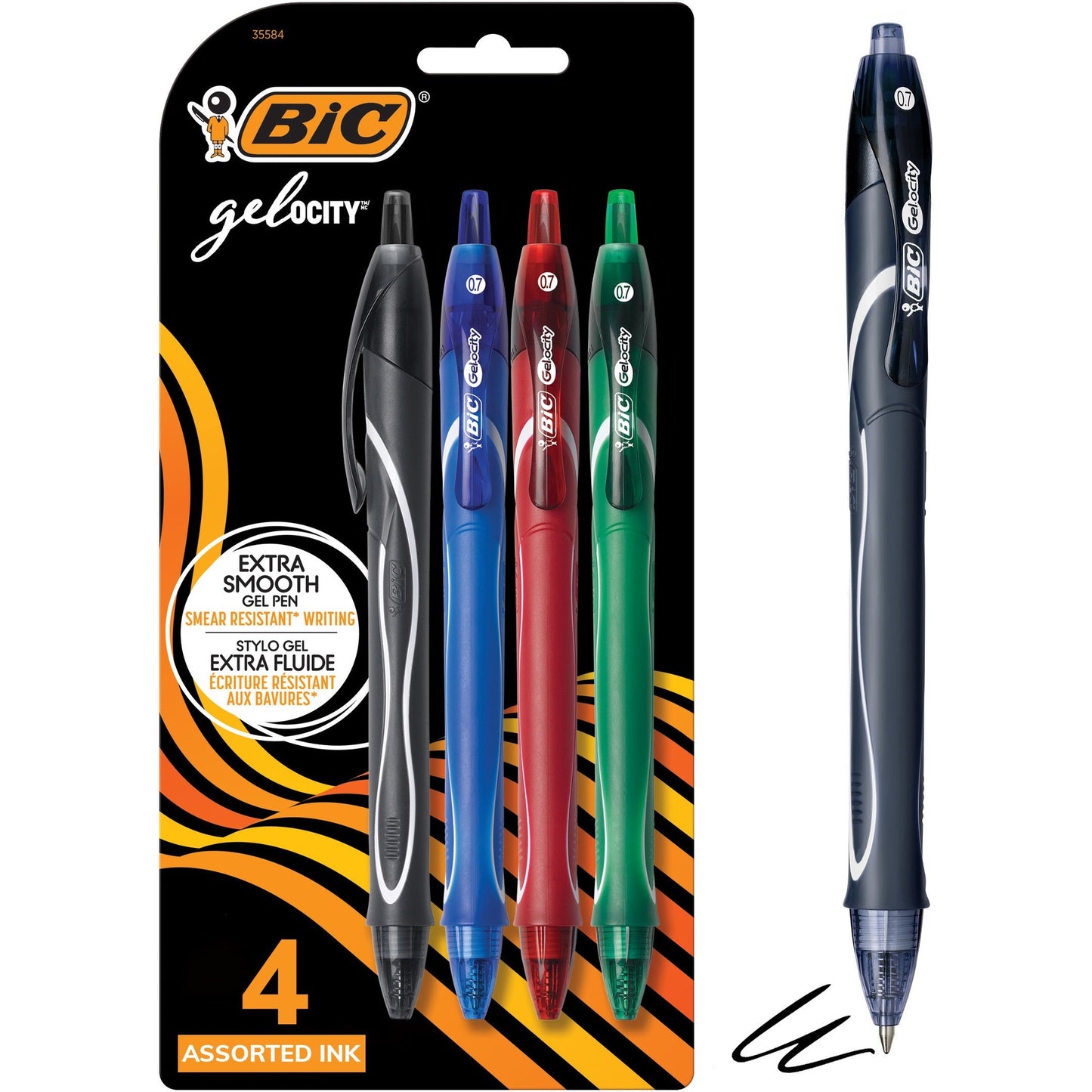 BIC Gel-ocity Original Retractable Gel Pen, Medium Point (0.7 mm), Assorted Colours, Comfortable, Contoured Grip, 4-Count