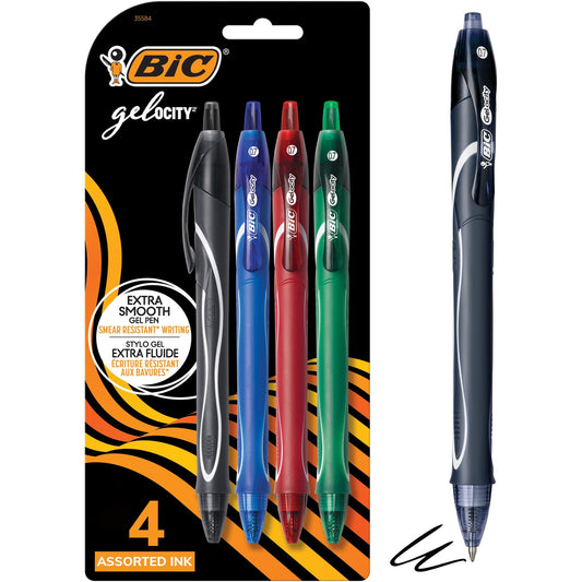 BIC Gel-ocity Original Retractable Gel Pen, Medium Point (0.7 mm), Assorted Colours, Comfortable, Contoured Grip, 4-Count