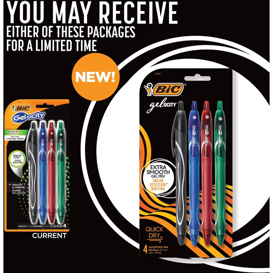 BIC Gel-ocity Original Retractable Gel Pen, Medium Point (0.7 mm), Assorted Colours, Comfortable, Contoured Grip, 4-Count - RGLCGP41-AST-CA