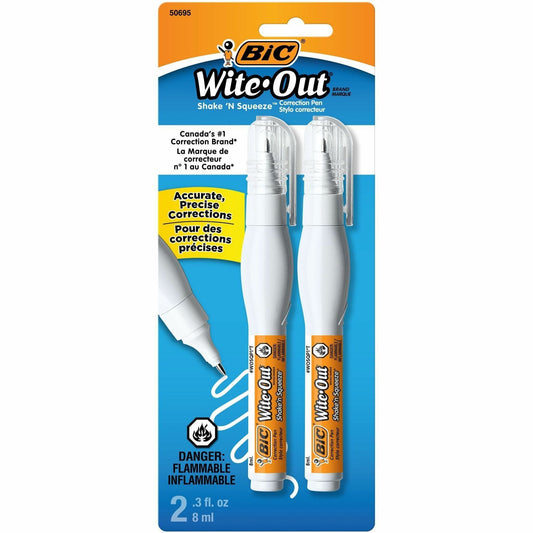 BIC Wite-Out Brand Shake 'n Squeeze Correction Pen, 8 ML Correction Fluid, 2-Count Pack of white Correction Pens, Fast, Clean and Easy to Use Pen Office or School Supplies