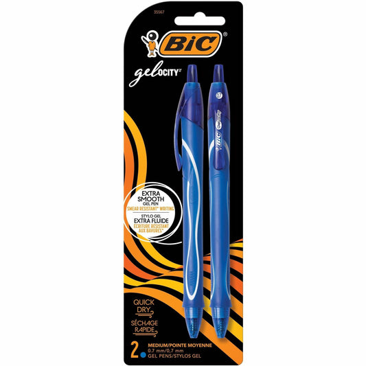 BIC Gel-ocity Original Retractable Gel Pen, Medium Point (0.7 mm), Blue, Comfortable, Contoured Grip, 2-Count