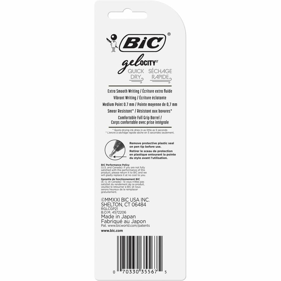 BIC Gel-ocity Original Retractable Gel Pen, Medium Point (0.7 mm), Blue, Comfortable, Contoured Grip, 2-Count - RGLCGP21-BLU-CA