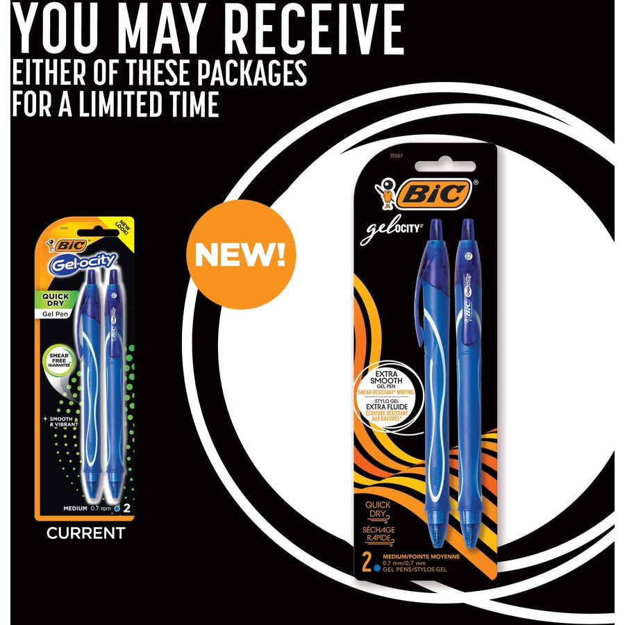 BIC Gel-ocity Original Retractable Gel Pen, Medium Point (0.7 mm), Blue, Comfortable, Contoured Grip, 2-Count - RGLCGP21-BLU-CA