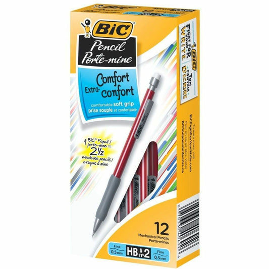 BIC Pencil Extra Comfort Mechanical Pencil, Medium Point (0.7 mm), Black, Soft Grip For Comfort & Added Control, 12-Count