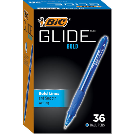BIC Glide Bold Ballpoint Pens, Bold Point (1.6 mm), Blue Ink Pens, Translucent Barrel, 36-Count Pack