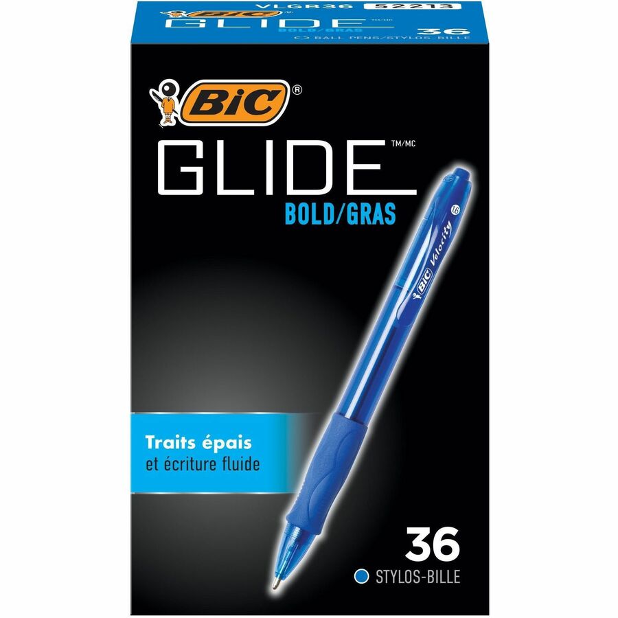 BIC Glide Bold Ballpoint Pens, Bold Point (1.6 mm), Blue Ink Pens, Translucent Barrel, 36-Count Pack - VLGB361-BLU-CA
