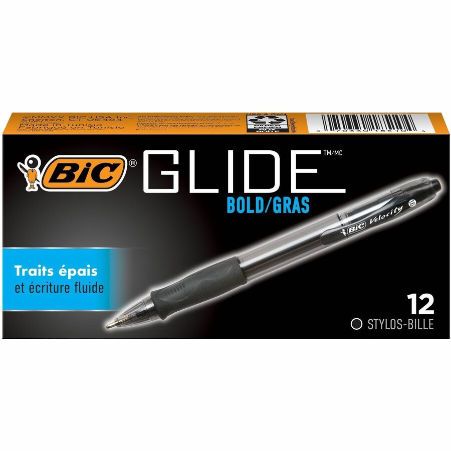 BIC Glide Bold Black Ballpoint Pens, Bold Point (1.6 mm), 12-Count Pack, Retractable Ballpoint Pens With Comfortable Full Grip - VLGB11-Blk-CA