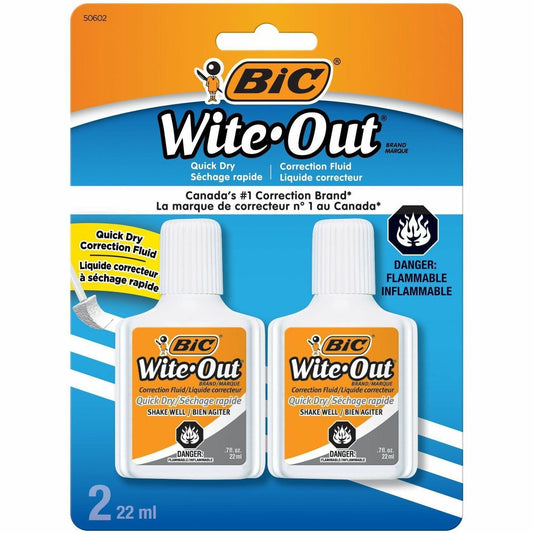 BIC Wite-Out Brand Quick Dry Correction Fluid, 22 mL, White, Goes On Easy With A Reduced Dry Time, 2-Count
