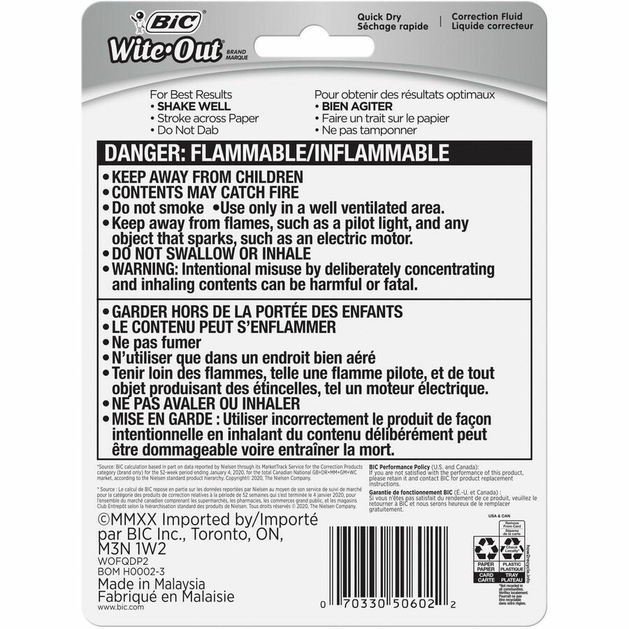 BIC Wite-Out Brand Quick Dry Correction Fluid, 22 mL, White, Goes On Easy With A Reduced Dry Time, 2-Count - WOFQDP2-WHI-CA