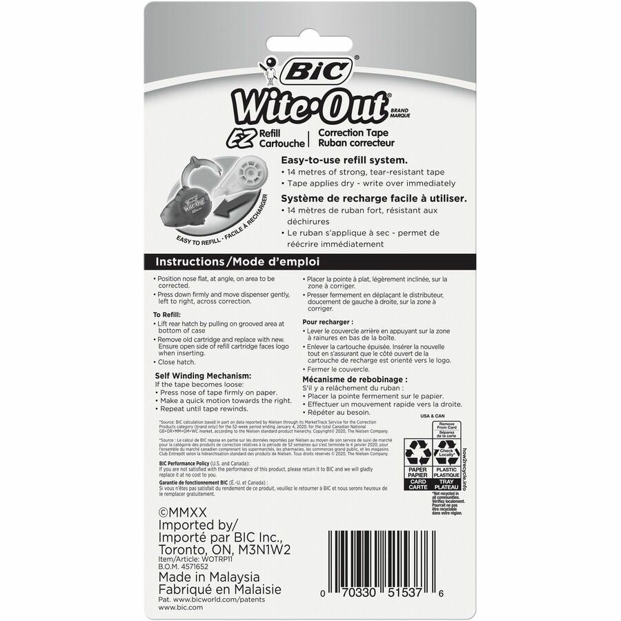 BIC Wite Out Brand EZ Refill Correction Tape, 1-Count Pack of White Correction Tape, Easy to Refill for Office or School - WOTRP11-WHI-CA