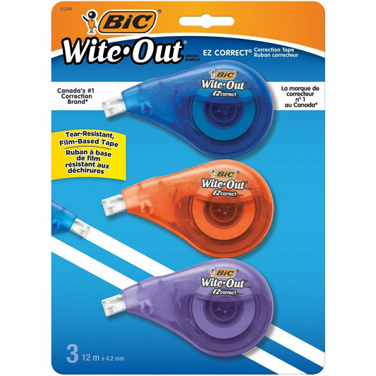 BIC Wite-Out Brand EZ Correct Correction Tape, 12 Metres, 3-Count Pack of white Correction Tape, Fast, Clean and Easy to Use Tear-Resistant Tape Office or School Supplies