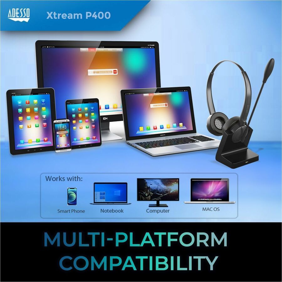 Adesso Xtream P400 Wireless Multimedia Headset with Charging Dock - XTREAM P400