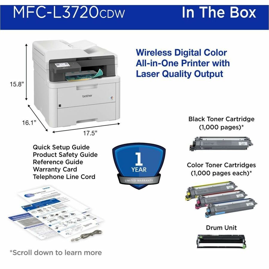 Brother MFC-L3720CDW Wireless LED Multifunction Printer - Color - MFC-L3720CDW