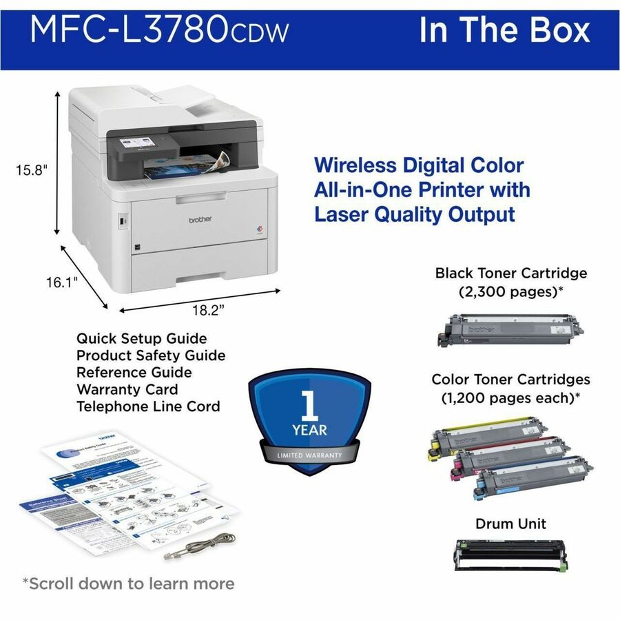 Brother MFC-L3780CDW Wired & Wireless Laser Multifunction Printer - Color - MFC-L3780CDW