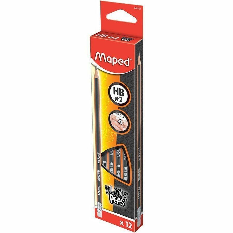Maped Graphite High Quality Pencils with Eraser Tip - Box of 12 - HB