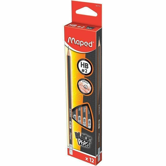 Maped Graphite High Quality Pencils with Eraser Tip - Box of 12 - HB