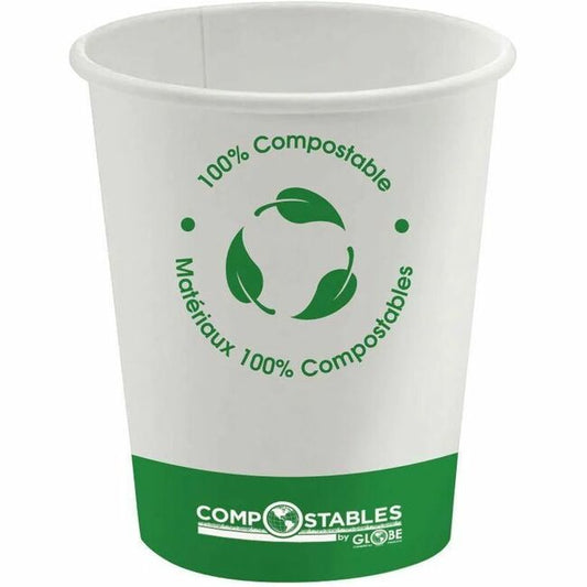 Globe Single Wall Hot/Cold Compostable Paper Cups - 20 Oz / White - 591.47 mL - White - Paper, Polylactic Acid (PLA) - Coffee, Tea, Beverage, Hot Drink, Cold, Juice, Water 1000/Case