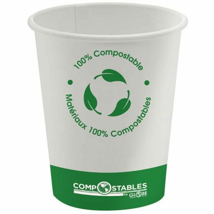 Globe Single Wall Hot/Cold Compostable Paper Cups - 8 Oz / White