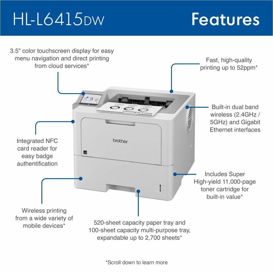 Brother HL-L6415DW Desktop Wireless Laser Printer - Monochrome - HL-L6415DW