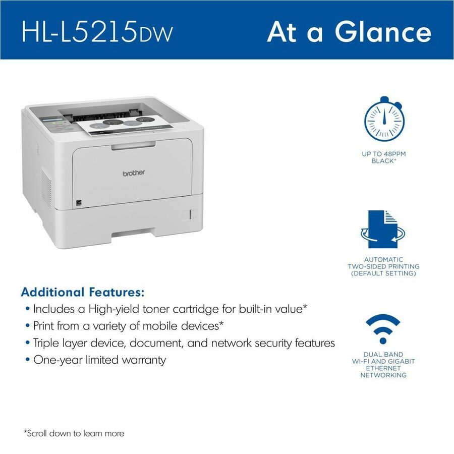 Brother HL-L5215DW Desktop Wireless Laser Printer - Monochrome - HL-L5215DW