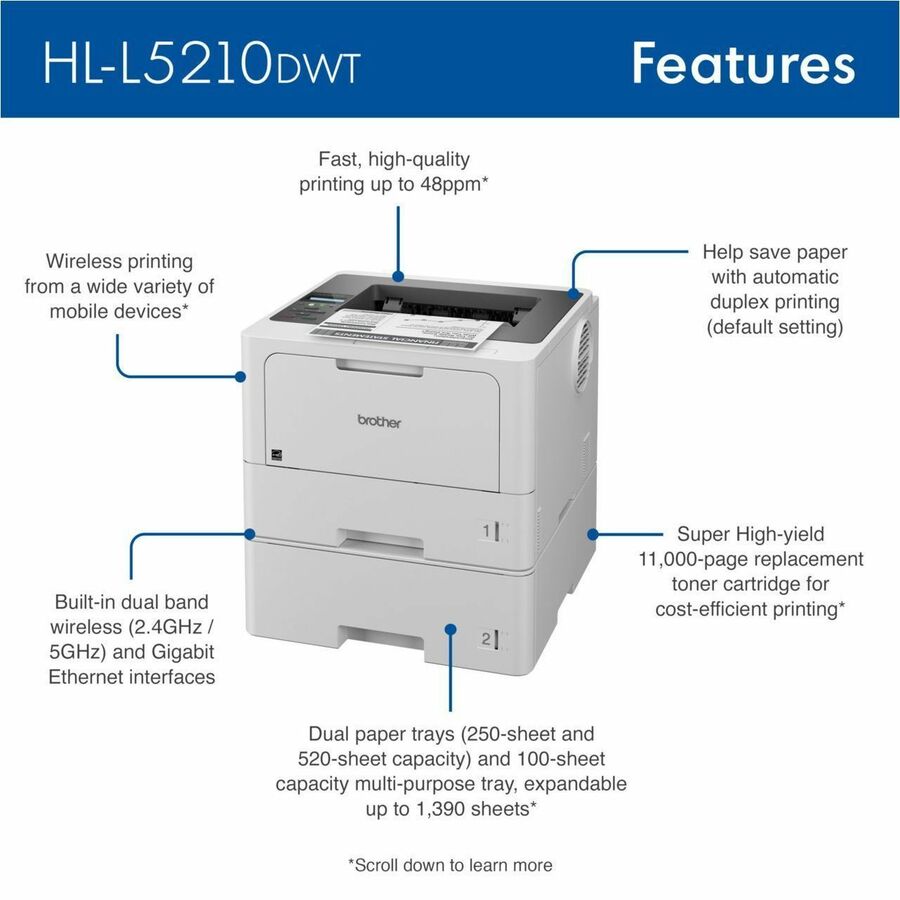 Brother HL-L5210DW Desktop Wireless Laser Printer - Monochrome - HLL5210DWT