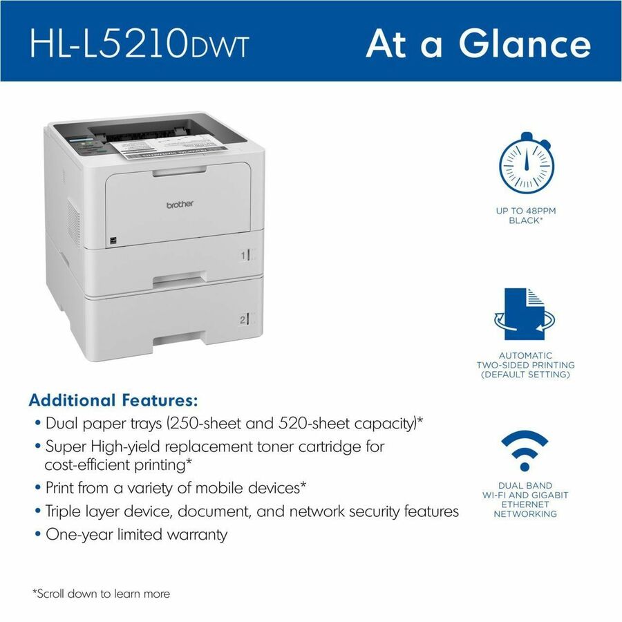 Brother HL-L5210DW Desktop Wireless Laser Printer - Monochrome - HLL5210DWT