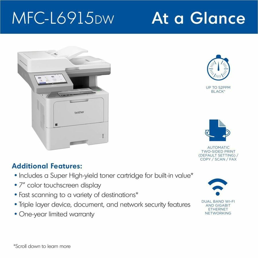 Brother MFC-L6915DW Wireless Laser Multifunction Printer - Monochrome - MFCL6915DW