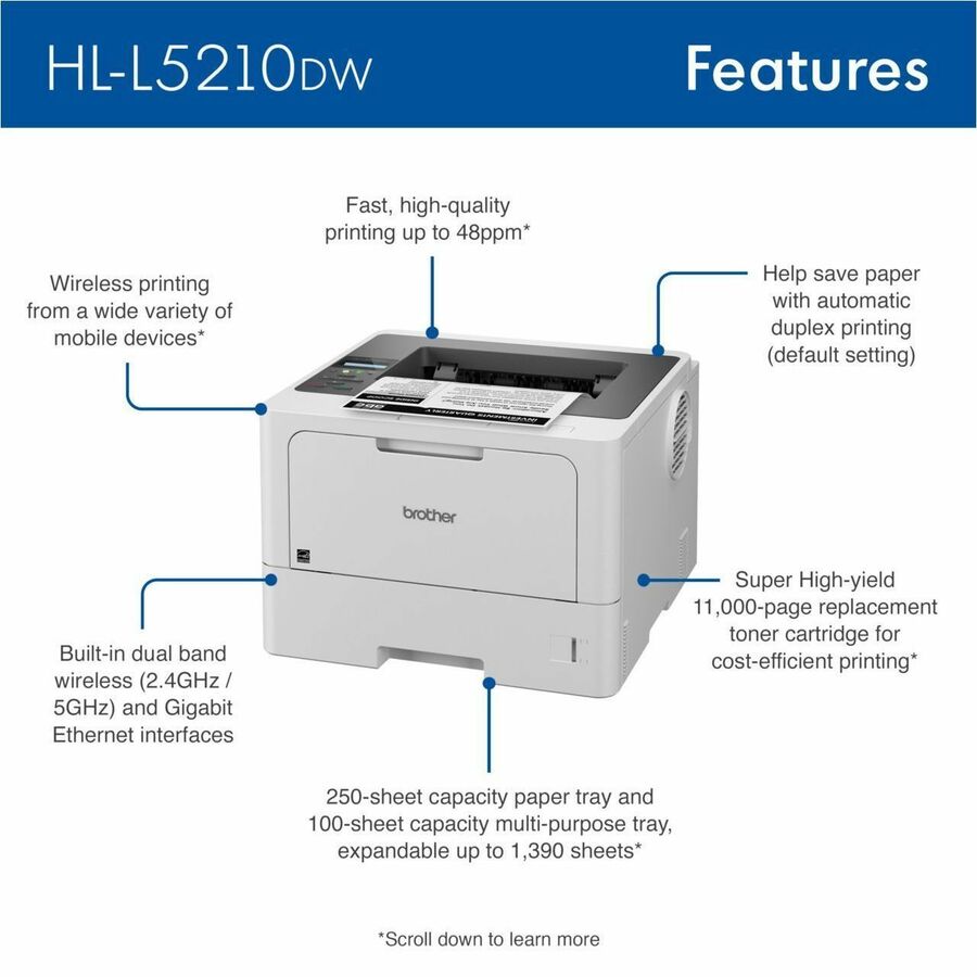 Brother HL-L5210DW Desktop Wireless Laser Printer - Monochrome - HLL5210DW