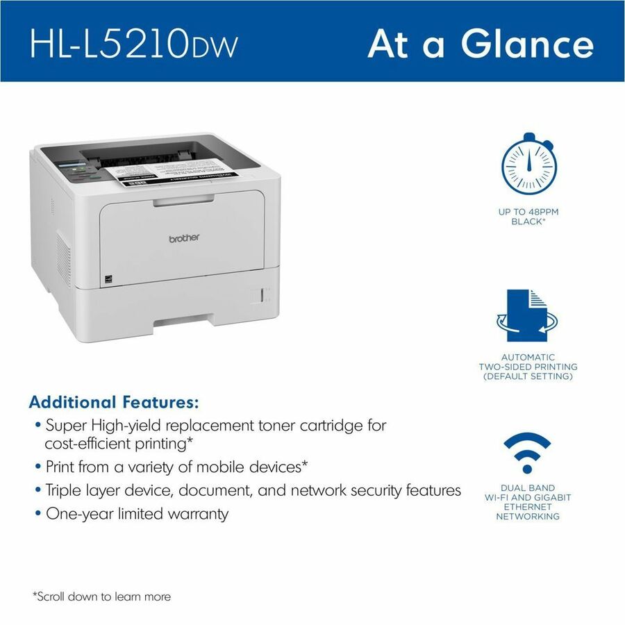 Brother HL-L5210DW Desktop Wireless Laser Printer - Monochrome - HLL5210DW
