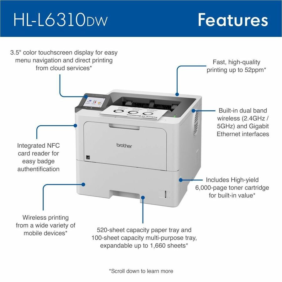 Brother HL-L6310DW Desktop Wireless Laser Printer - Monochrome - HLL6310DW