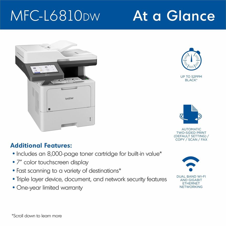 Brother MFC-L6810DW Wireless Laser Multifunction Printer - Monochrome - Gray - MFCL6810DW