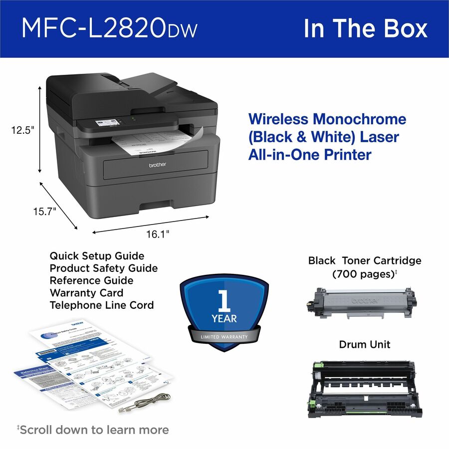 Brother MFC-L2820DW Wireless Laser Multifunction Printer - Monochrome - Gray - MFCL2820DW