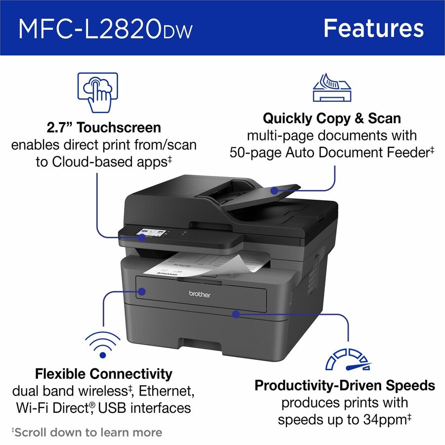 Brother MFC-L2820DW Wireless Laser Multifunction Printer - Monochrome - Gray - MFCL2820DW