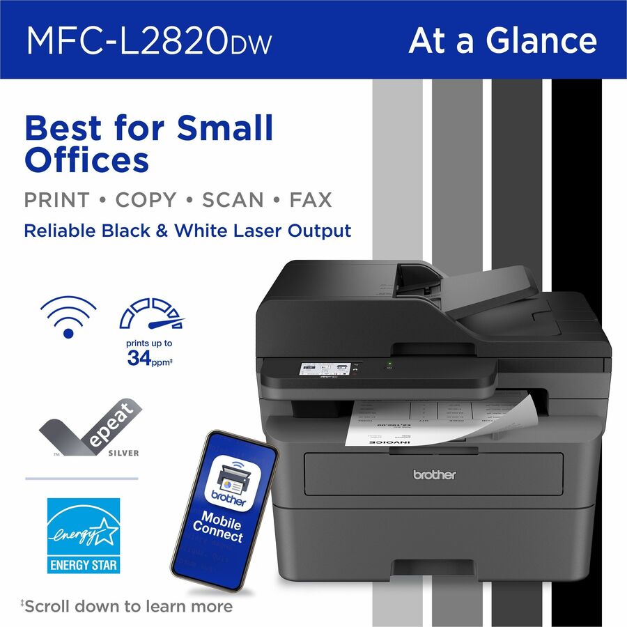 Brother MFC-L2820DW Wireless Laser Multifunction Printer - Monochrome - Gray - MFCL2820DW